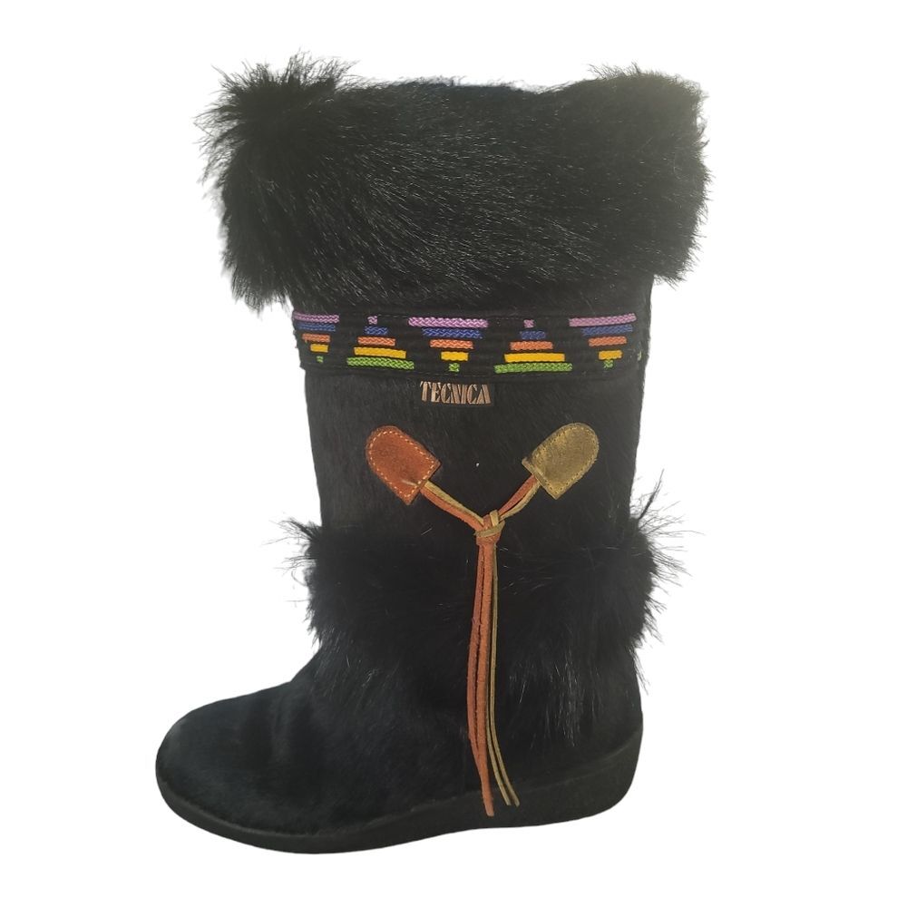 Tecnica Italian Black Full Fur Vintage Apres Ski Boots With Suede Tassel Womens